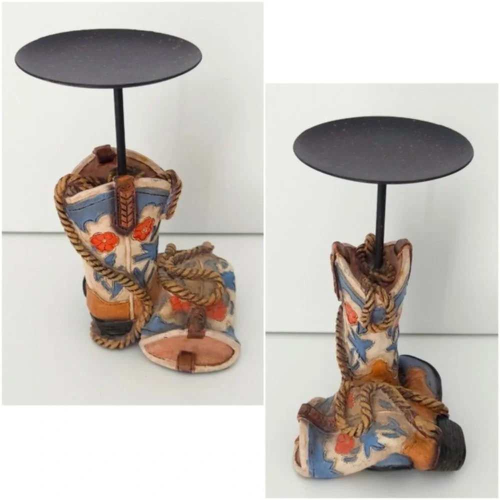 Western Cowboy Boot Resin & Metal Rustic Small Pillar Candle‎ Holder